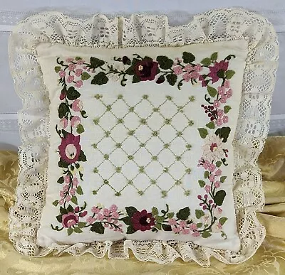 Vtg Crewel Embroidery Pillow Floral Lace Ruffle Needlepoint Country Cottagecore  • $34.50