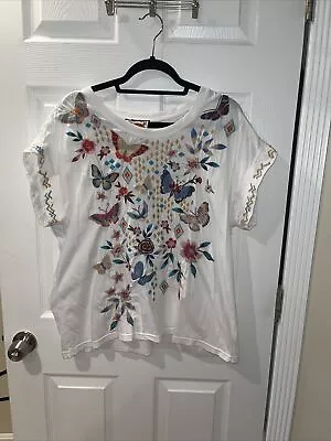 Johnny Was MARIPOSA RELAXED TEE WHITE Butterfly Shirt T NEW  XL • $99