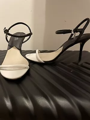 Michael Kors Carlene Dress White Black Heels Open Toe MK Charm Size 9 M • $19.99