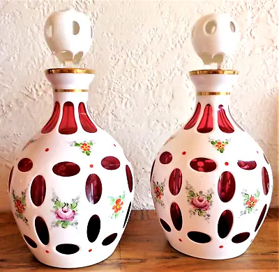 Antique Pair Moser Cased Crystal Decanters White Cut To Ruby Hand Enamel Flowers • $425