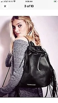 Victoria's Secret Backpack Black Fringe Faux Leather Drawstring  New • $15