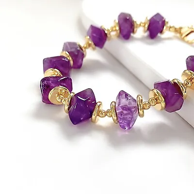 Women Vintage 14K Gold Plated Natural Amethyst Purple Crystal Raw Stone Bracelet • $19.99