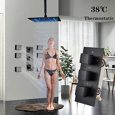 Luxury Black Thermostatic 16  Rain LED Shower Head Combo Set Massage System Jets • $189
