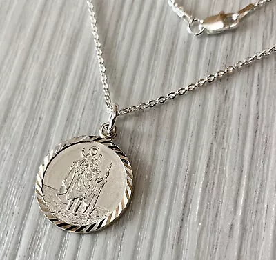 MENS Heavy Diamond Cut 925 Silver Large SAINT CHRISTOPHER Necklace Personalised • £37.50