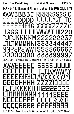 RAF Numbers And Letters 24  Transfers Decals WWII & 1946-  FP985  BLACK  1/72 • £10.95