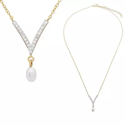 Sterling Silver Yellow Gold Plated CZ Stones  V  Shape Necklace W/ Hanging Pearl • $20.99