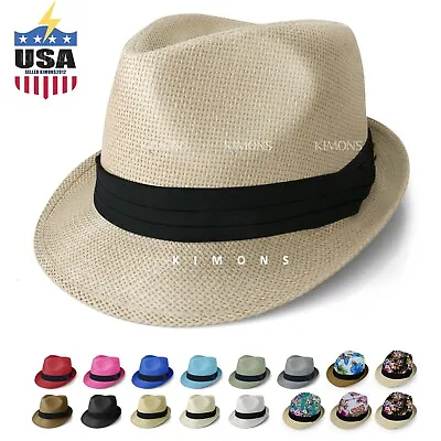 Straw Fedora Hat Trilby Cuban Cap Summer Beach Sun Panama Short Brim Floral • $11.95