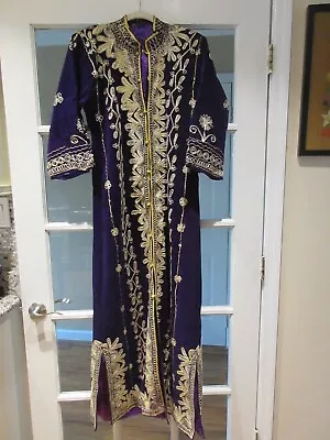 Vintage Purple Velvet Handmade Turkish Kaftan Maxi Dress Gold Metallic Small • $65