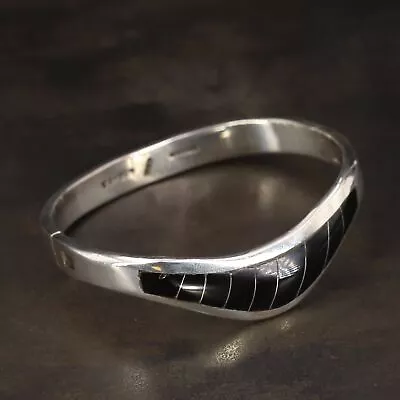 VTG Sterling Silver - MEXICO TAXCO Onyx Inlay 6.5  Hinge Bangle Bracelet - 39g • $14.50