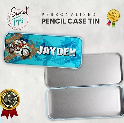 Personalised Name Dirt Bike Metal Pencil Case School Kids Stationary Cover • £7.99