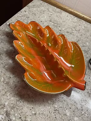 $5 • Buy Vintage California U S A  Orange Gold Trim MCM Atomic Pottery Leaf Ashtray