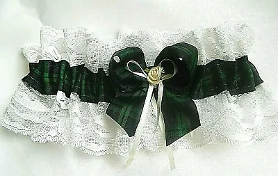 Scottish Tartan Blackwatch Ribbon With White Or Ivory Lace Wedding Garter • £8.99