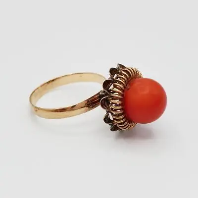 Vintage Chinese 10k Gold Ring 9mm High Set Red Coral Size 6 Filigree Wire • $175