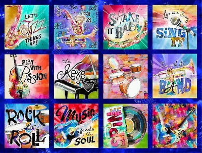 Music Fabric Rhythm & Hues Instruments Words Digital Cotton 3 Wishes 34  Panel • $11.97