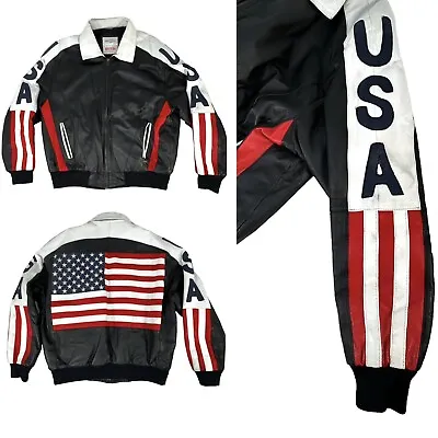 Michael Hoban WhereMI Vintage Leather Bomber Jacket USA American Flag Mens XL • $89.99