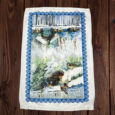 Vintage Linen Tea Towel Judy Buswell Birds Snow Nature Art Blue White Dish Cloth • $19.55