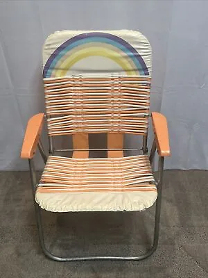 Vintage Folding Lawn Vinyl Tube Chair Peach White Rainbow Portable Camping Beach • $27