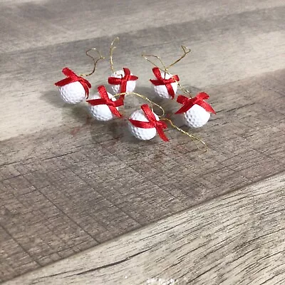 Miniature Mini Golf Ball With Red Bow Christmas Ornaments Set Of 6 • $7.18