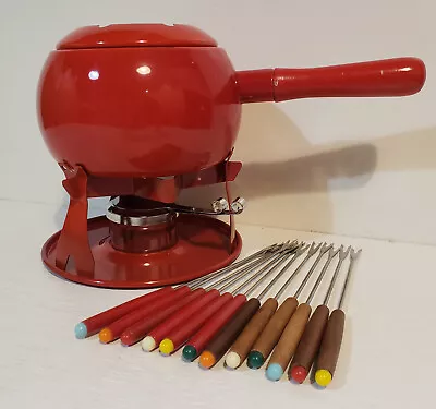 Vintage Red Fondue Set With 12 Fondue Forks • $34.95