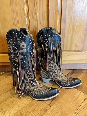 Women’s Corral Fringe Boots Honey Leopard  Brown Size 7.5M • $119