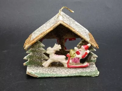 Vintage Christmas Putz Cardboard Mica House Celluloid Santa And Reindeer Japan • $25