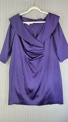 Kay Unger Sheath Dress Purple 3/4 Sleeve Side Pleates V-Neck Satin Lined • $27.99