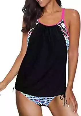 Sidefeel Women Blouson Striped Print Strappy T-Back Swimsuit Push Up Tankini Set • $7.99