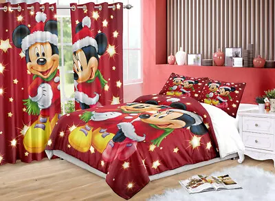 Mickey Minnie Mouse Christmas 3D Bedding Set Carpets Rugs Blackout Curtains Gift • £11.99