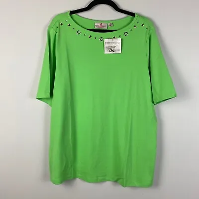 Quacker Factory Embellished T Shirt Short Sleeves Top Green Size XL • $21.95