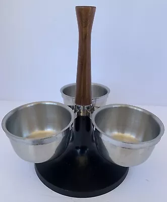 Mid Century Modern Wood Handle Condiment Stand With 3 Removable Stainless Bowls • $18