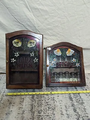 Pair Vintage Stained Glass Wooden Coffee Hutch + Spice Rack Mug Cabinet  70's • $95