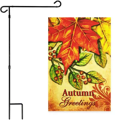 Garden Flag Stand Black 36x16IN & Autumn Garden Flag Greetings Large Maple Leaf • $24.99