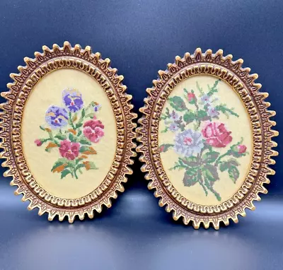 Vintage Wood Framed Floral Needlepoint Pictures Handmade Art 9  X 7  Set Of 2 • $33.99