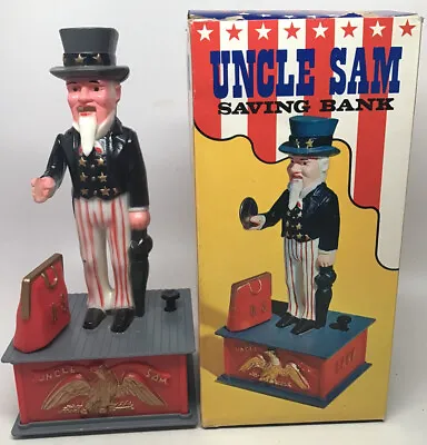 NOS 1970’s Mechanical Uncle Sam Hard Plastic Savings Bank Original Box Plug (4) • $28