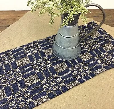 $15.90 • Buy New Primitive NAVY LOVERS KNOT TABLE RUNNER Woven Coverlet Table Topper 56 