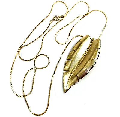 Long Gold Tone Leaf Pendant Necklace Fall Autumn Ornate Textured 30 Inch Vintage • $14.93