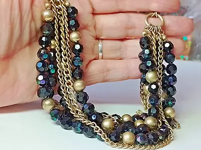  WW21 --multi-row Gold Tone Chains & Acrylic Black Faceted Beads Necklace • £5.50