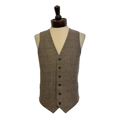 Brown Tweed Herringbone Waistcoat Vest Wool Tan Suit Peaky Blinders Formal Races • £24.95