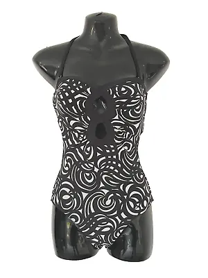 Black & White Halter Neck High Leg Swimsuit Size 8 Lining To Front Boned Sides • £14.95