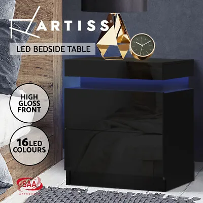 Artiss Bedside Table Side Table 2 Drawers RGB LED High Gloss Nightstand Cabinet • $74.95