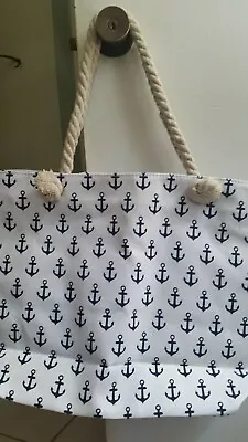 Marbella & Ashford Canvas Travel Bag 20 X 14 X 5 Zipper Rope Handle White & Navy • $12.98