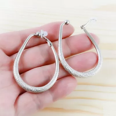 Non-Pierced Clip-On 2  Teardrop Hoop Earrings Silver-Tone Sand Blast Finish Pair • $13.99