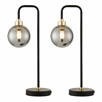 £56.64 • Buy Set Of 2 Black With Brass And Smoked Glass Table Lamp Bedside Lights