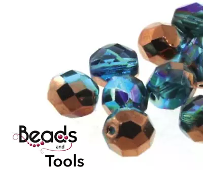 Czech Fire Polished Glass Beads 6mm AQUA COPPER RAINBOW (25pc) - BEADS & TOOLS • $4.80