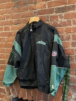 Vintage 90s Starter NFL New York Jets Black Green Zip Embroidered Jacket Size L • $165