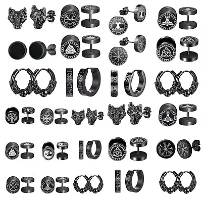 6-9Pairs Men Stainless Steel Viking Runes Fake Gauge Hoop Earrings Stud Piercing • $14.24