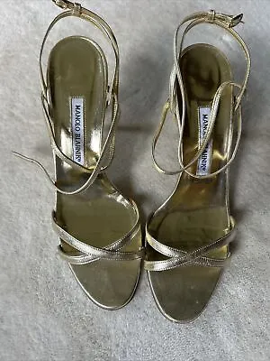 MANOLO BLAHNIK Ankle Strap Metallic Sandal Heels Gold 39.5 • $300