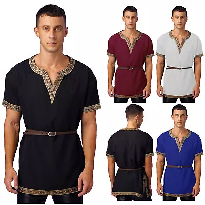 Men Medieval Renaissance Costume Viking Tunic Retro Pattern Trims Robe With Belt • $5.99