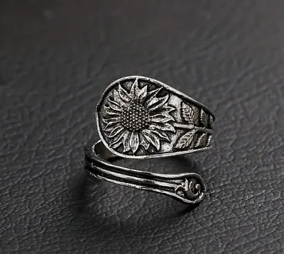 Vintage Spoon Ring- 925- Silver Plated- Sunflower- Adjustable- OS Fits All • $20