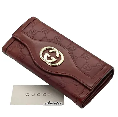 GUCCI Calm Red Long Wallet Leather Continental B Rank Authentic With Box Japan • $117